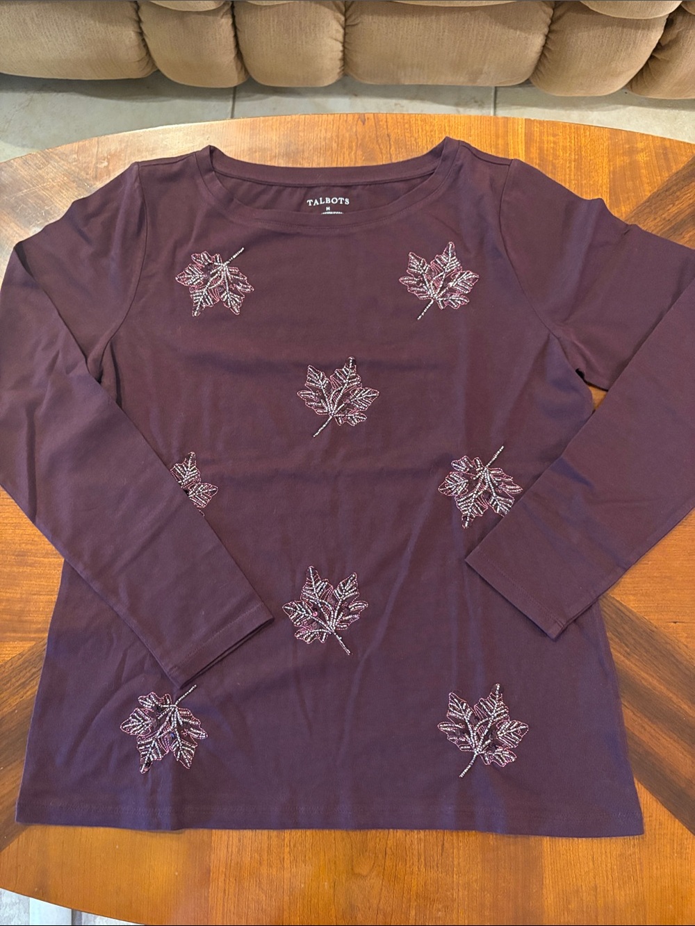 Talbots Women’s Burgundy Long-Sleeve Embroidered Leaf Tee